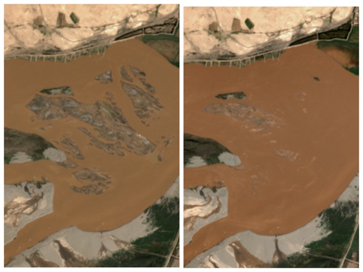 При сравнении спутниковых снимков от 18 и 23 мая визуально заметно повышение уровня воды